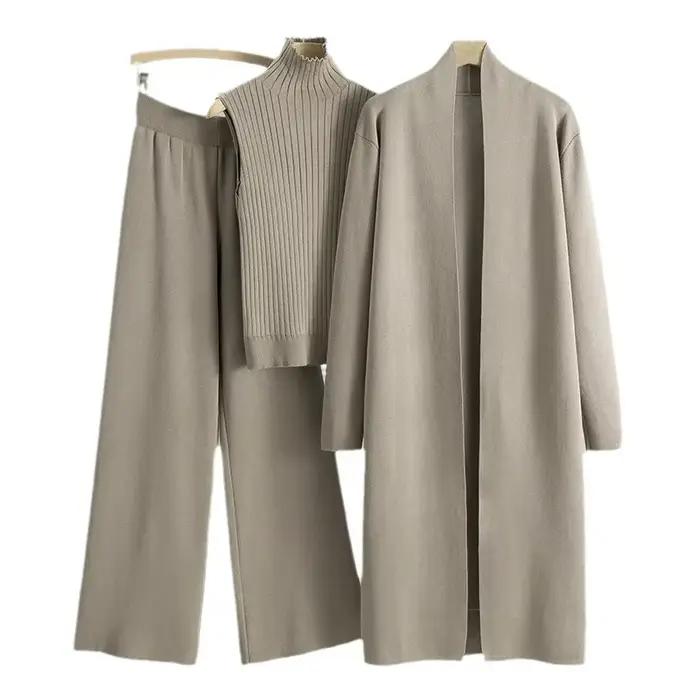 Ensemble de trois pièces cardigan long pour femme, pantalon en tricot, col haut, jambes larges, automne-hiver 2025 pour sorties nocturnes