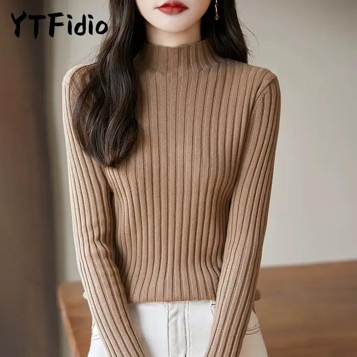 YTFidio 100% coton femmes cordon élastique demi-col haut rayé solide pull décontracté basique femme
