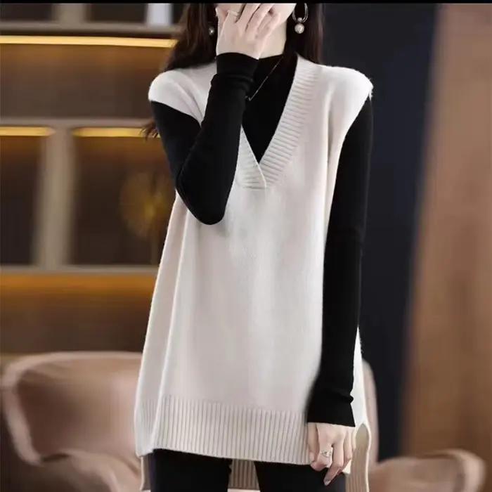 Pull tricoté sans manches à col en v pour femme