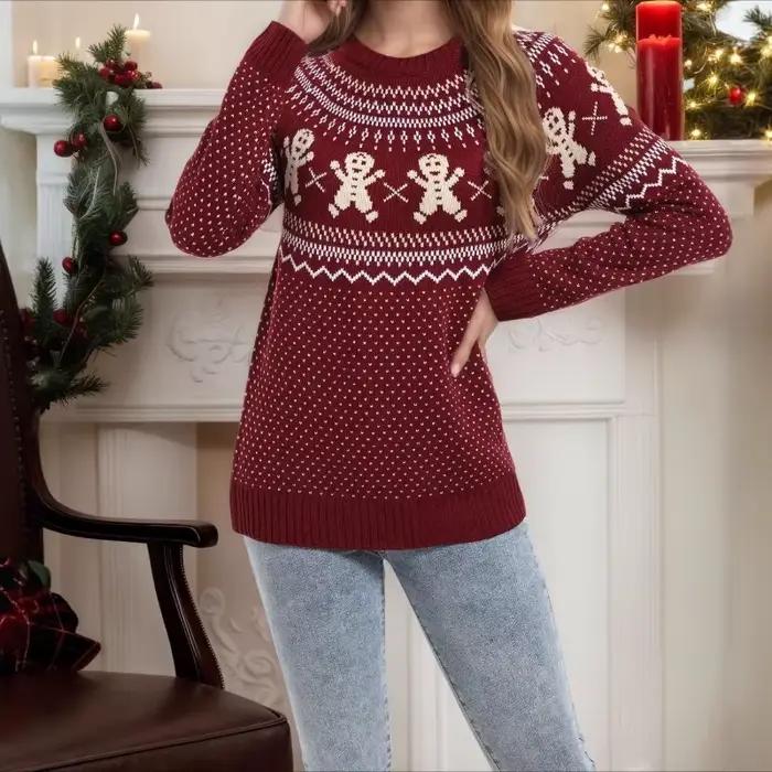 2025 automne et hiver pull de noël en vrac tricoté à pois flocon de neige dessin animé femmes