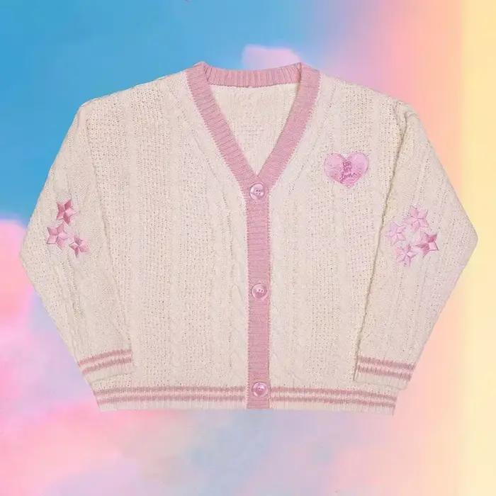 Cardigan d'amant avec broderie d'étoiles coeur rose confortable tricot doux TS