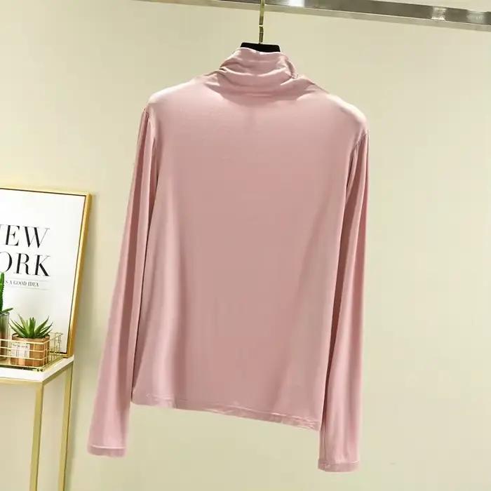 T-shirt à manches longues pour femme col roulé en modal basique pour automne polyvalent ajusté et confortable