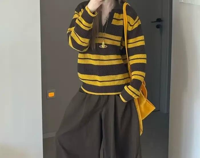 Pull tricoté rayé à manches longues pour femme