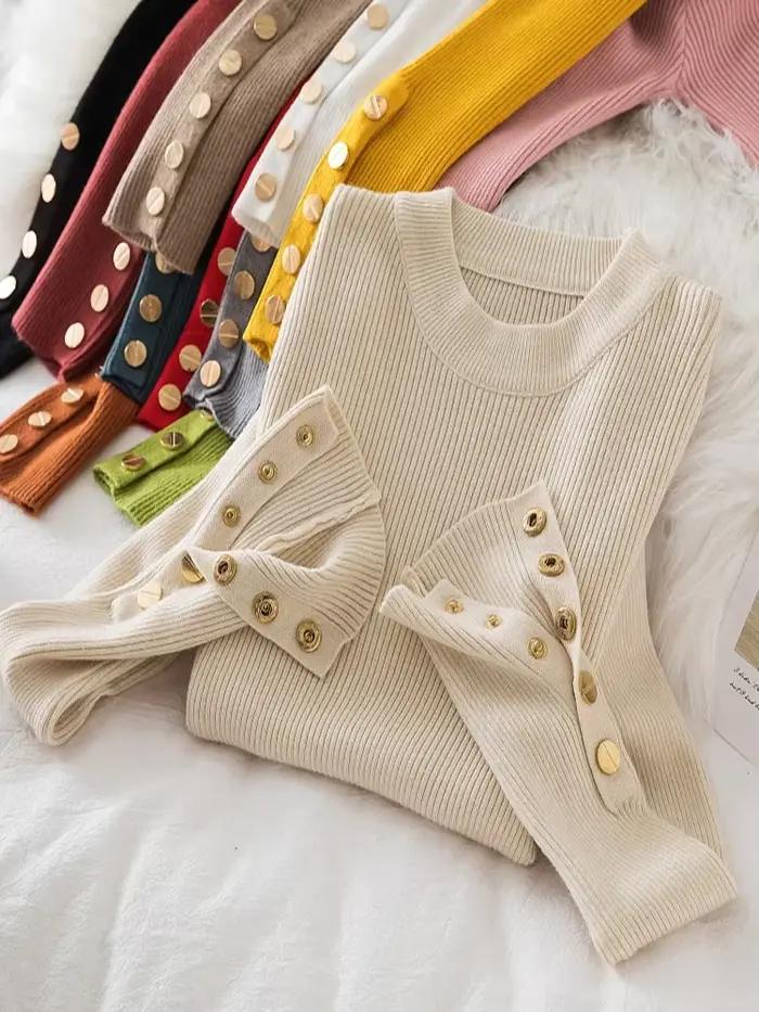 Pull en polyester kaki décontracté avec col rond pour femmes, automne-hiver, ajustement mince et haute élasticité