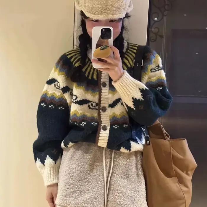 Veste Fair Island en acétate imprimé, coupe ample, col rond, bleu ciel ou vert pour femmes, automne et hiver