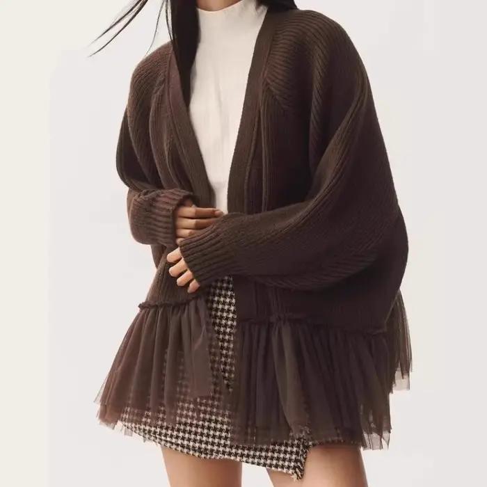 Pull tricoté en maille à volants d'automne en 2025 Cardigan à manches longues doux et frais pour femmes
