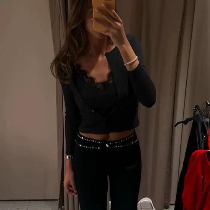 MUJER dentelle recadrée Cardigan femmes boutonné hauts en tricot femme Vintage tricots à manches longues tricoté