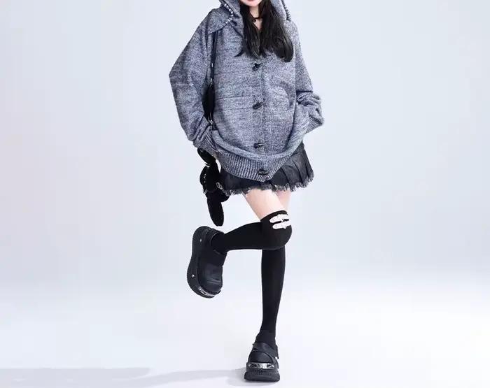 Veste pull à capuche avec oreilles de lapin gris pour femme