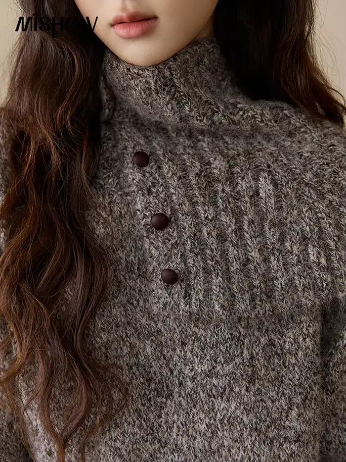 MISHOW femmes gris pull en tricot avec écharpe de cou 2025 hiver texturé bouton décor ample chaud