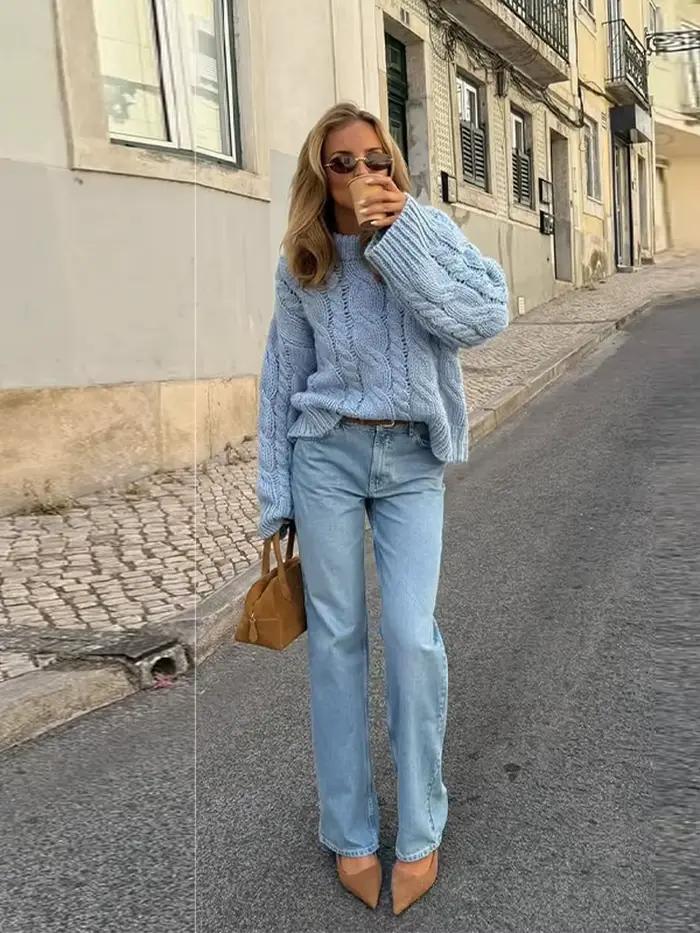 Pull en polyester et coton bleu ciel ample pour femmes, décontracté et élégant, idéal pour les soirées automnales et hivernales