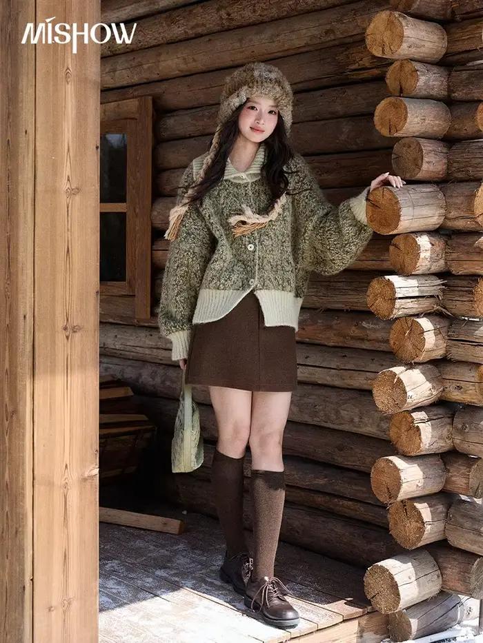 MISHOW femmes vert rétro tacheté pull hiver 2025 décontracté col montant manches chauve-souris tricoté Cardigan hauts MXE90Z2787