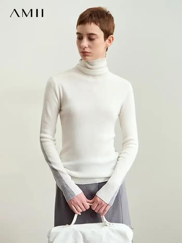 Amii femmes chandails 2024 hiver minimalisme à manches longues col haut mince doux hauts en tricot pull Patchwork