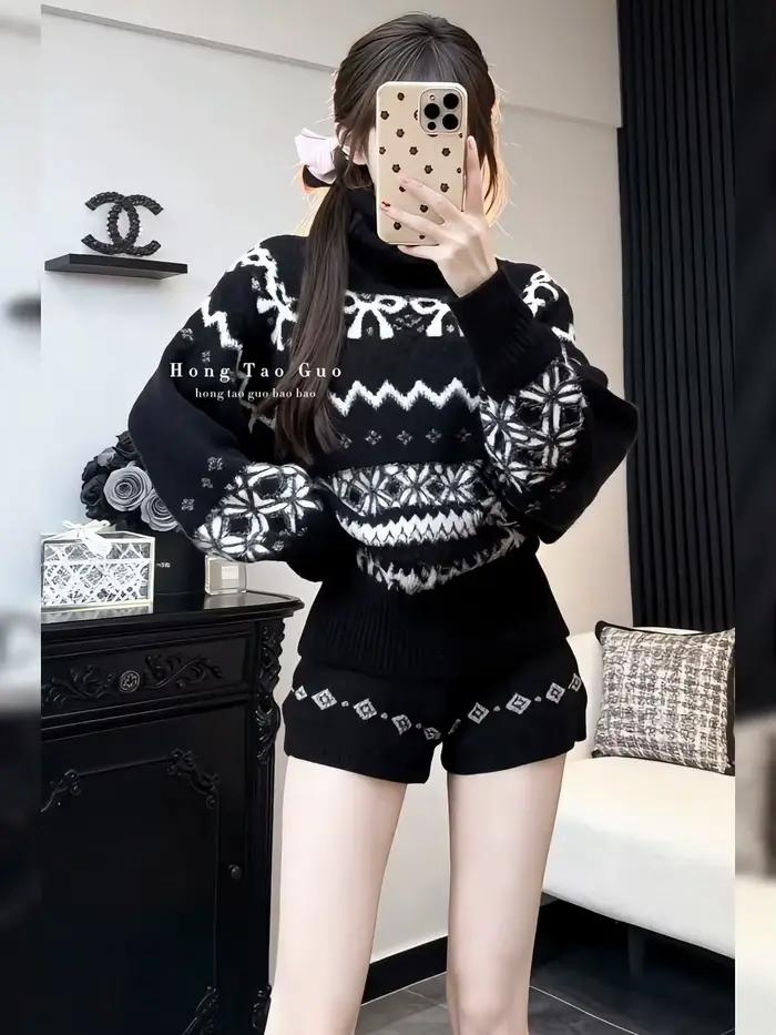 Ensemble deux pièces en tricot jacquard Fair Isle noir pour femme