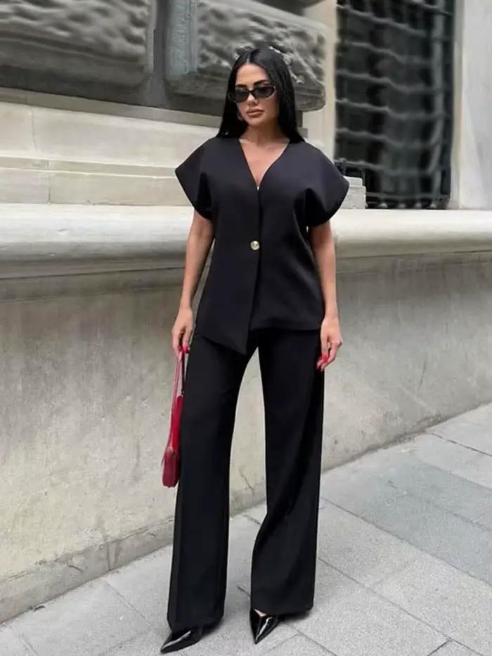 Ensemble HH Femme Chic Solide Col En V Une Boucle Gilet Taille Haute Pantalon Jambes Larges Décontracté Occasions Spéciales Sport Loisirs