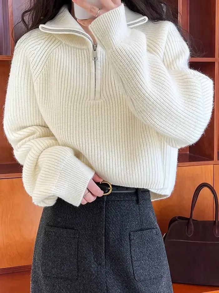 Pull-over Femme Automne Hiver 2026 Nouveau Modèle Court Ample avec Fermeture Éclair et Doublure