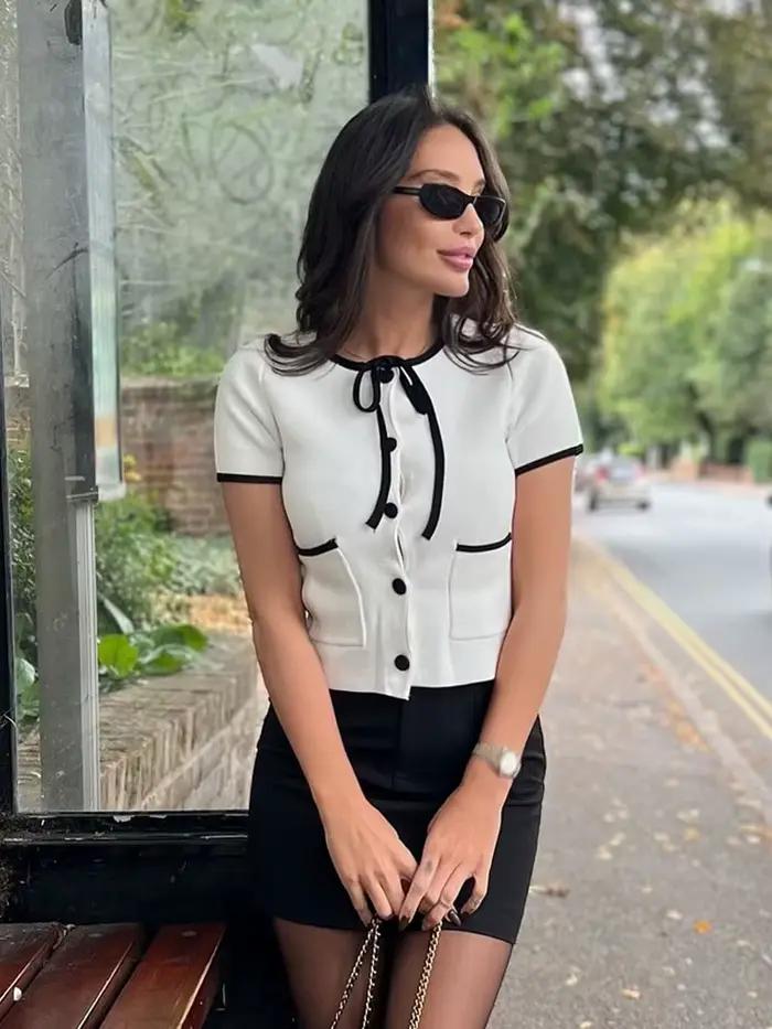 HH femmes mode pull hauts blanc col rond manches courtes poches nœud à lacets simple boutonnage femme décontracté tricoté Cardigan