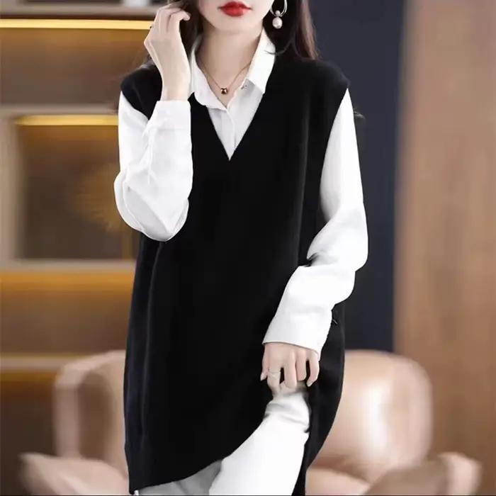 Pull tricoté sans manches à col en v pour femme