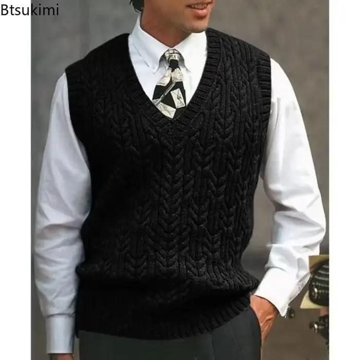 Gilet pull tricoté décontracté chaud pour homme col en V sans manches polaire automne hiver 2026 occidentalisé pour hommes style élégant et confortable occasions spéciales et quotidiennes