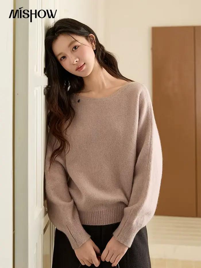 Mishow Femme Solide Tricoté Pull 2025 Automne Hiver Col Rond Coupe Ample Acrylique Polyester Nylon Pour Bureau Occasions Spéciales
