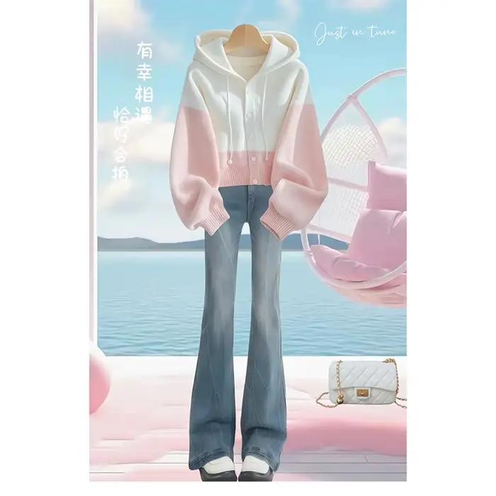 Cardigan LUO. TAO. FUSH I à capuche épissée rose et blanc pour femme, veste décontractée avec boutonnière pour automne hiver 2025, style patchwork, coupe ample, confortable pour toutes les occasions