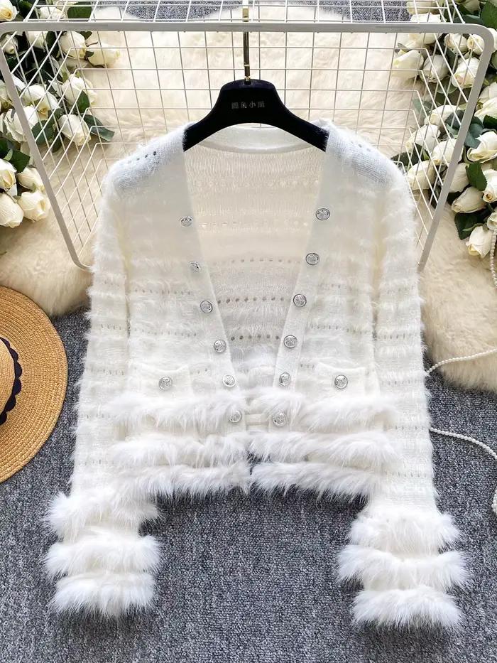 Cardigan Foamlina 2025 Automne Hiver Fourrure Polyester Blanc Elegant Solide Femmes Manches Longues Occasions Spéciales