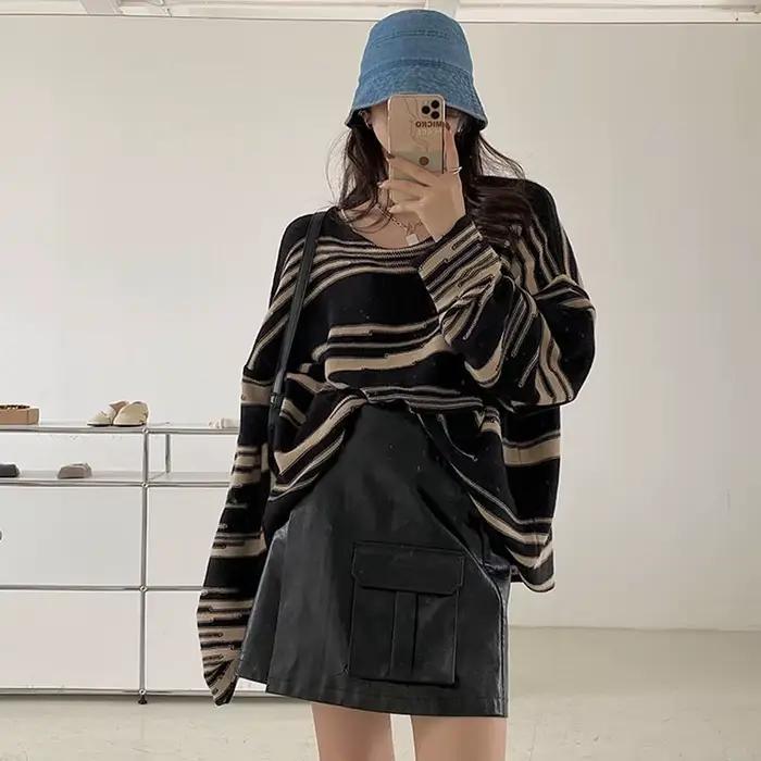 Pull rayé ample gothique bleu ciel style hip hop rétro pour femmes automne hiver