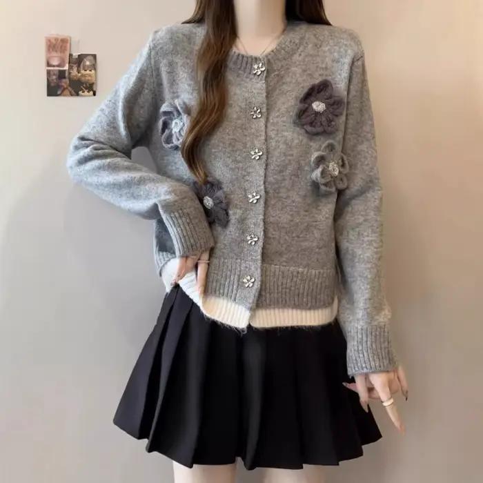 Cardigan Gris bywindto Femme Junior Automne Hiver Fleur Tridimensionnelle Coupe Ample Décontracté Occasions Spéciales
