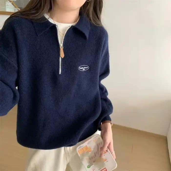 Pull col rabattu ample et décontracté en polyester pour femmes, automne hiver, coupe ample, style décontracté, occasions spéciales et quotidiennes