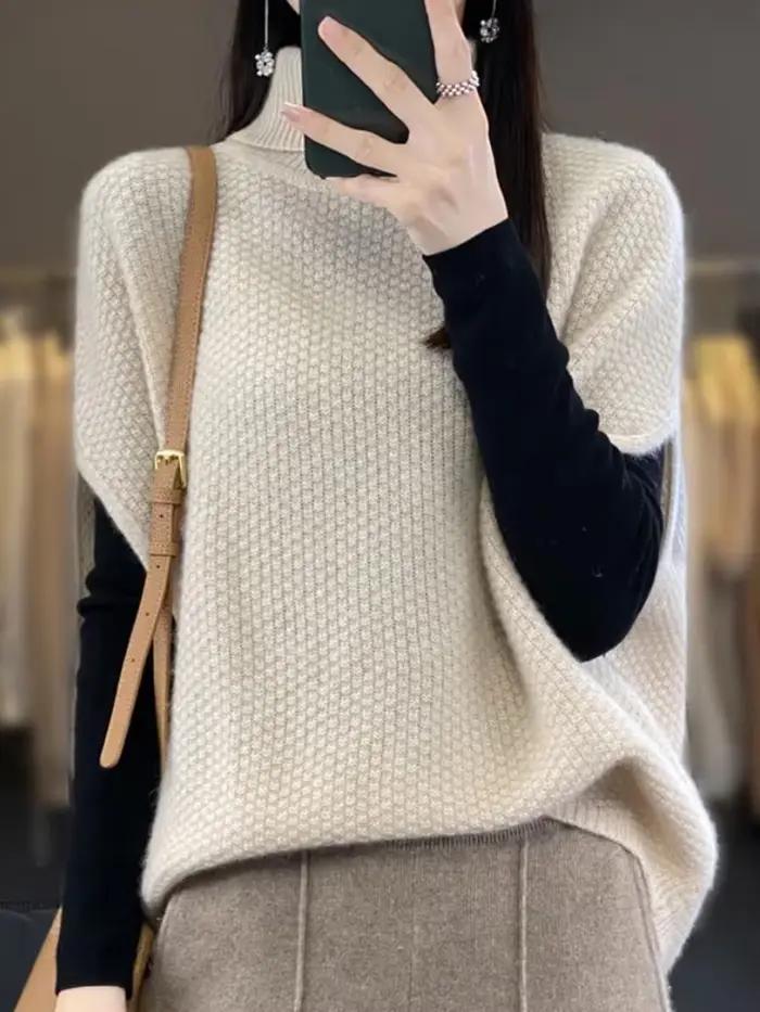 Gilet pull en tricot ample pour femme, col roulé, beige, style Y2K, automne hiver, occasion bureau ou soirée, confortable et tendance