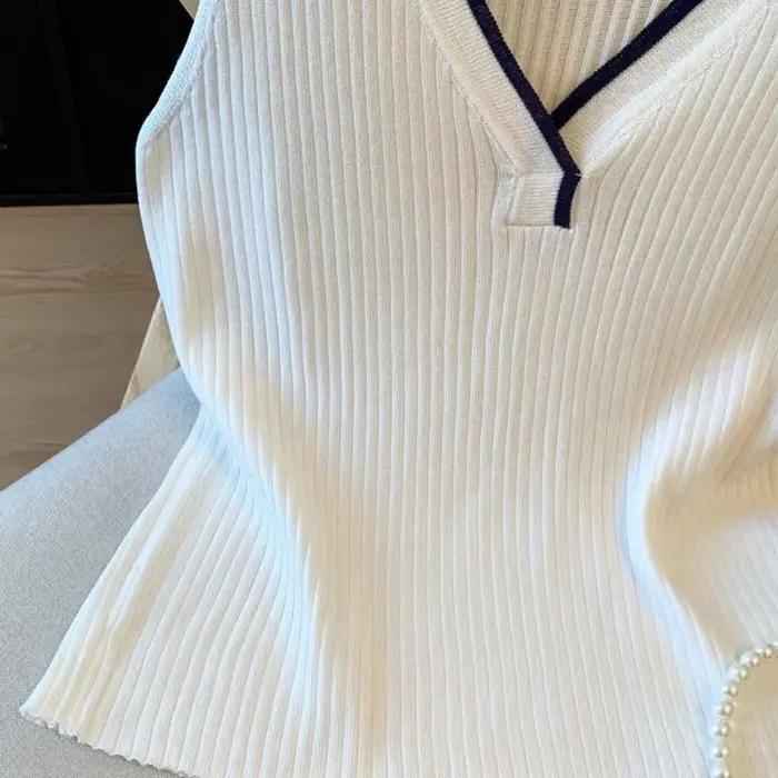 Gilet pull sans manches en maille côtelée extensible pour femme, col marin rayé bleu marine, col en V, décontracté, pour superposition