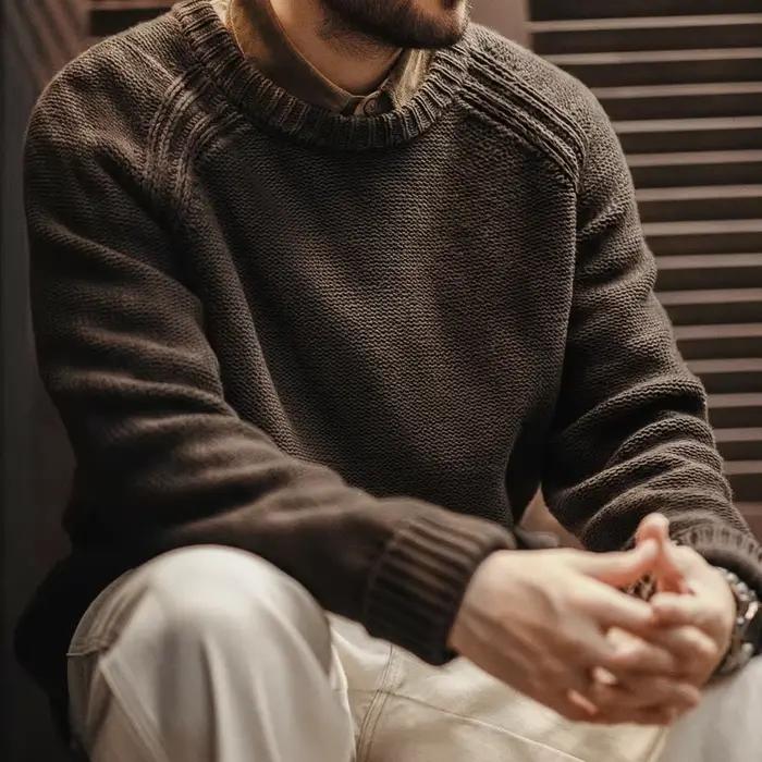 Pull MADEN Vintage en acrylique et coton lourd tricoté col rond pour hommes, style rétro, chaud pour automne et hiver