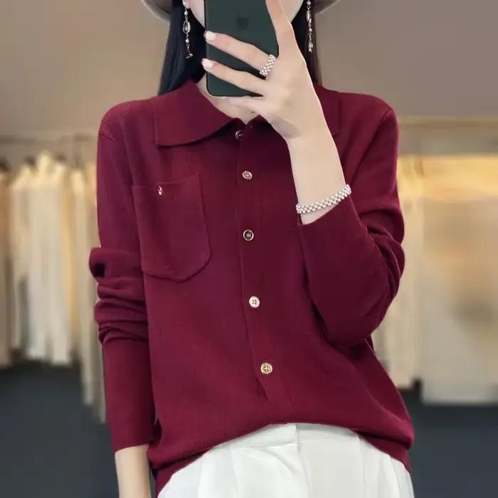 Pull tricoté en laine à col Polo pour femme