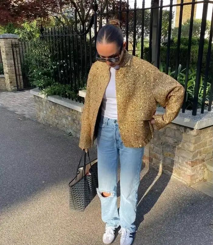 Veste élégante à col rond doré à paillettes pour femmes