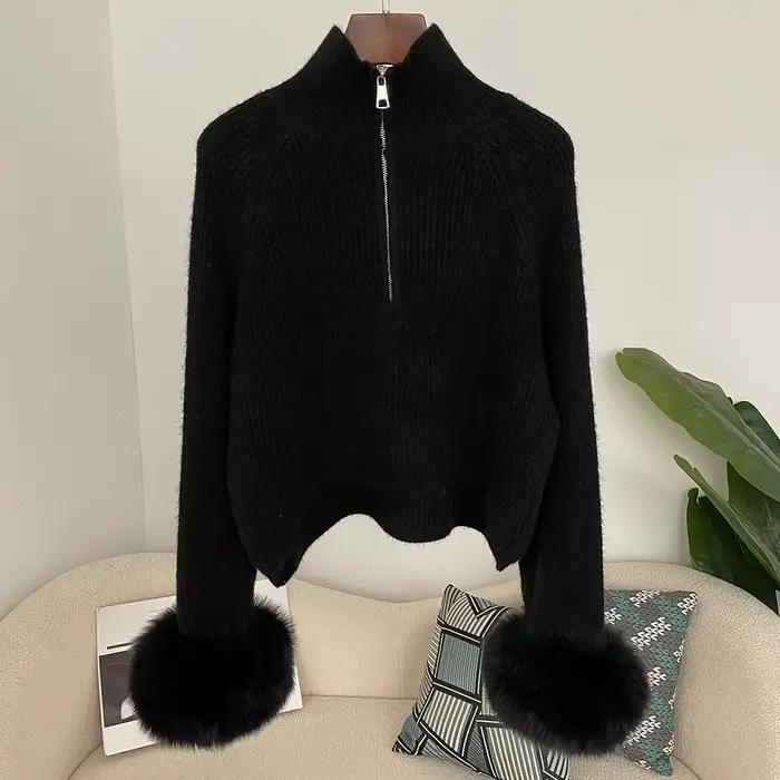 DEBAIFUR 2025 nouveau hiver doux pull fourrure de renard manchette dame mode Cardigan comprend laine femmes col haut