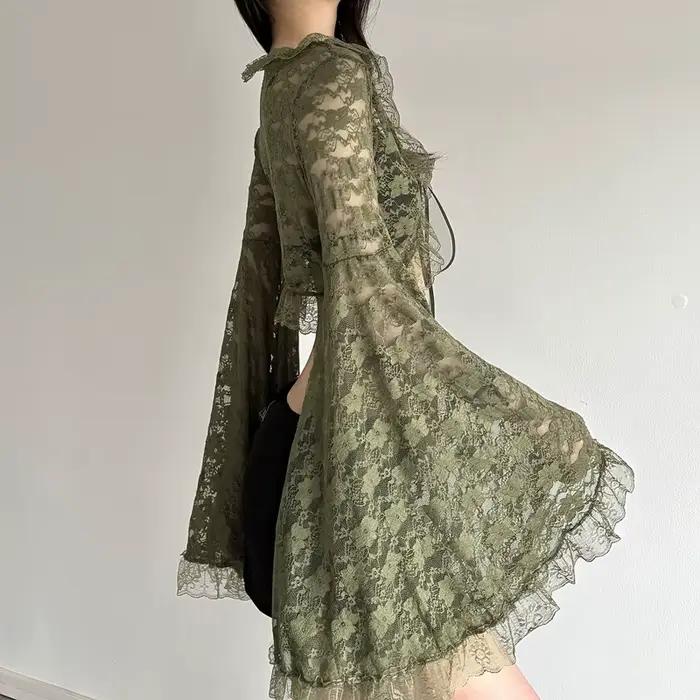 Cardigan vert en dentelle à nouer pour femme, col en V, manches évasées transparentes, style court, mode gothique Y2K, printemps automne, chemise décontractée, coupe régulière, polyester coton