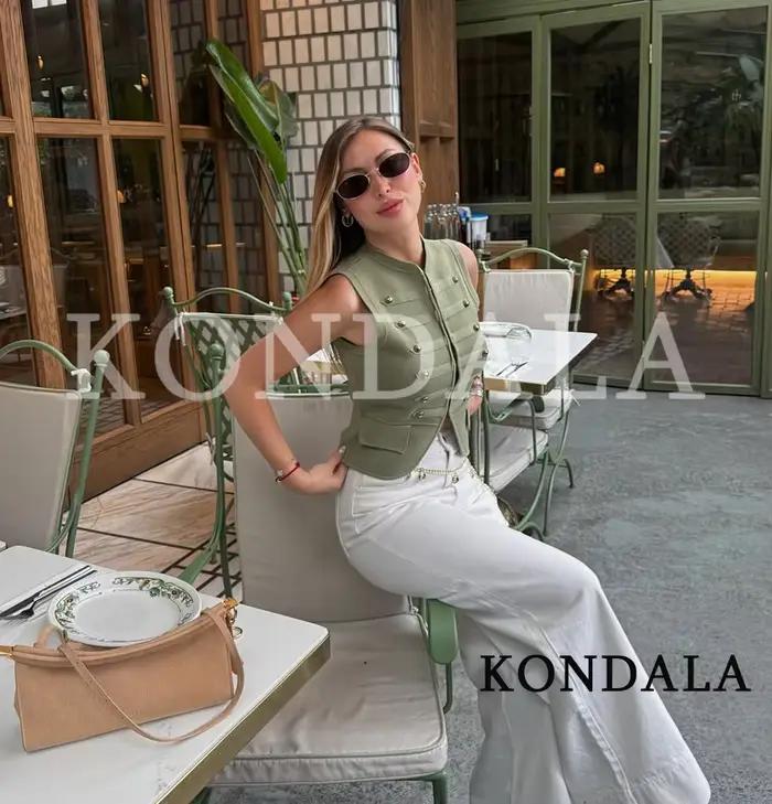Gilet tricoté KONDALA élégant pour femme avec boutons vert armée pour printemps été haute street mode urbaine occasions spéciales