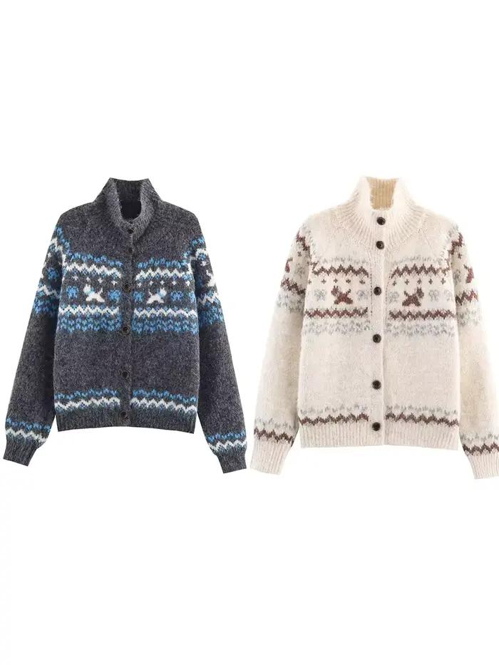 Cardigan tricoté Jacquard à manches longues pour femme