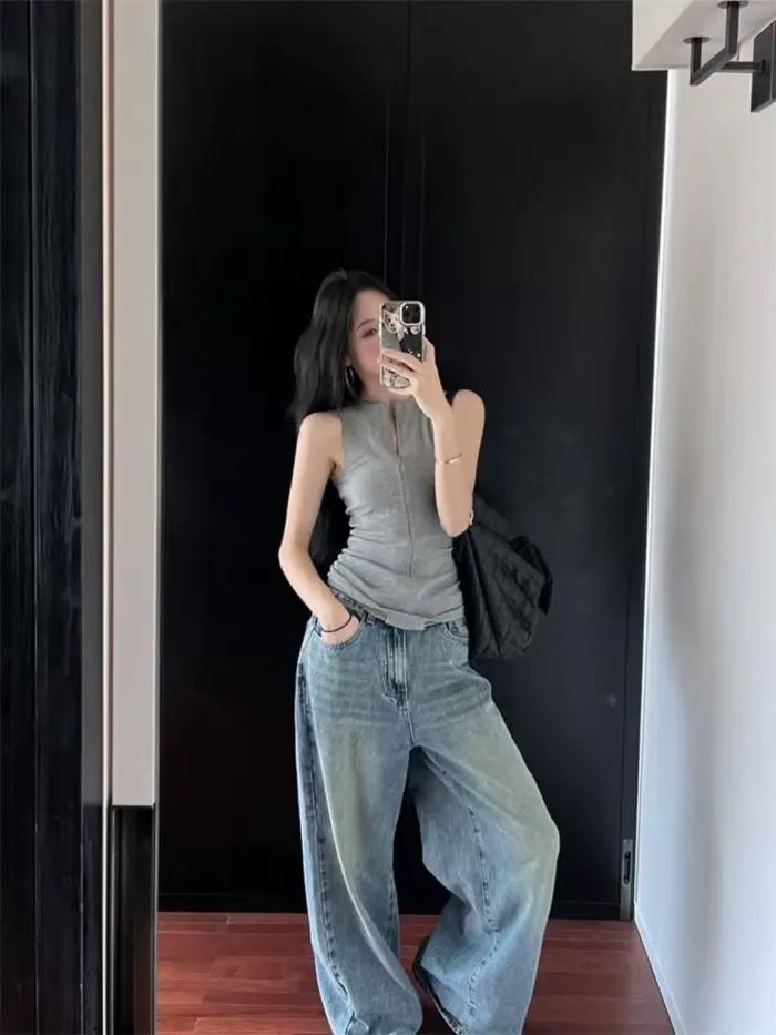 Haut en coton polyester fibril col rond zippé haut slim américain style coréen été 2024 pour femme occassions spéciales