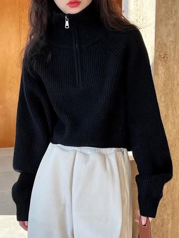 Pull-over Femme Automne Hiver 2026 Nouveau Modèle Court Ample avec Fermeture Éclair et Doublure