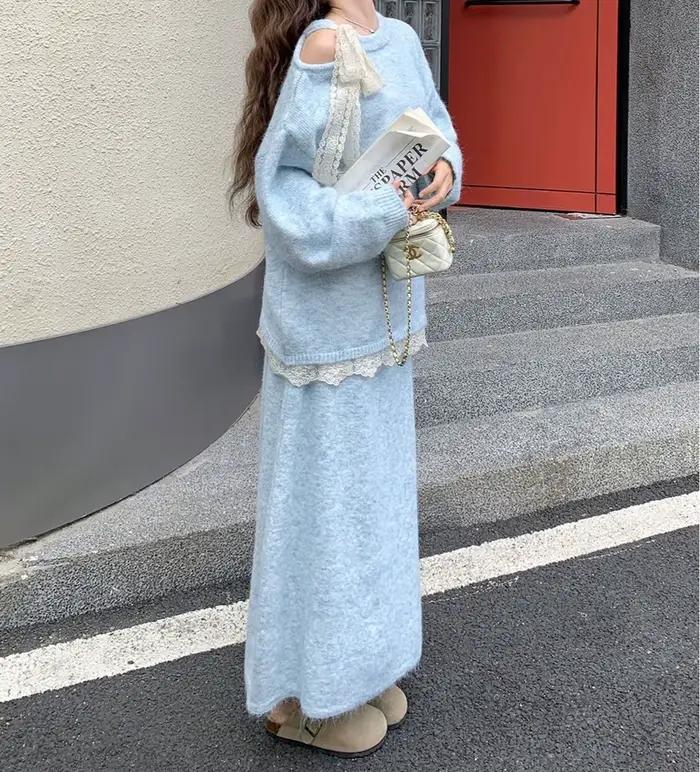 Ensemble pull pour femmes en polyester bleu élégant et amincissant pour les occasions spéciales automnales et hivernales