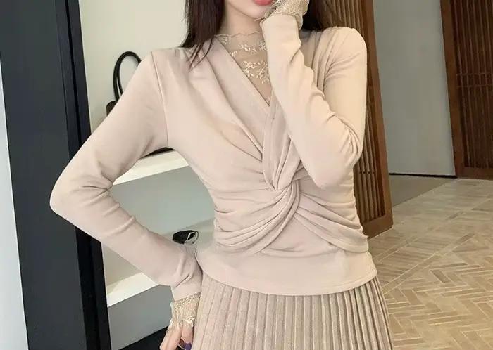 Pull en tricot torsadé en dentelle et col en V pour femme polyvalent automne hiver 2025 tricoter polyester style décontracté occassions spéciales