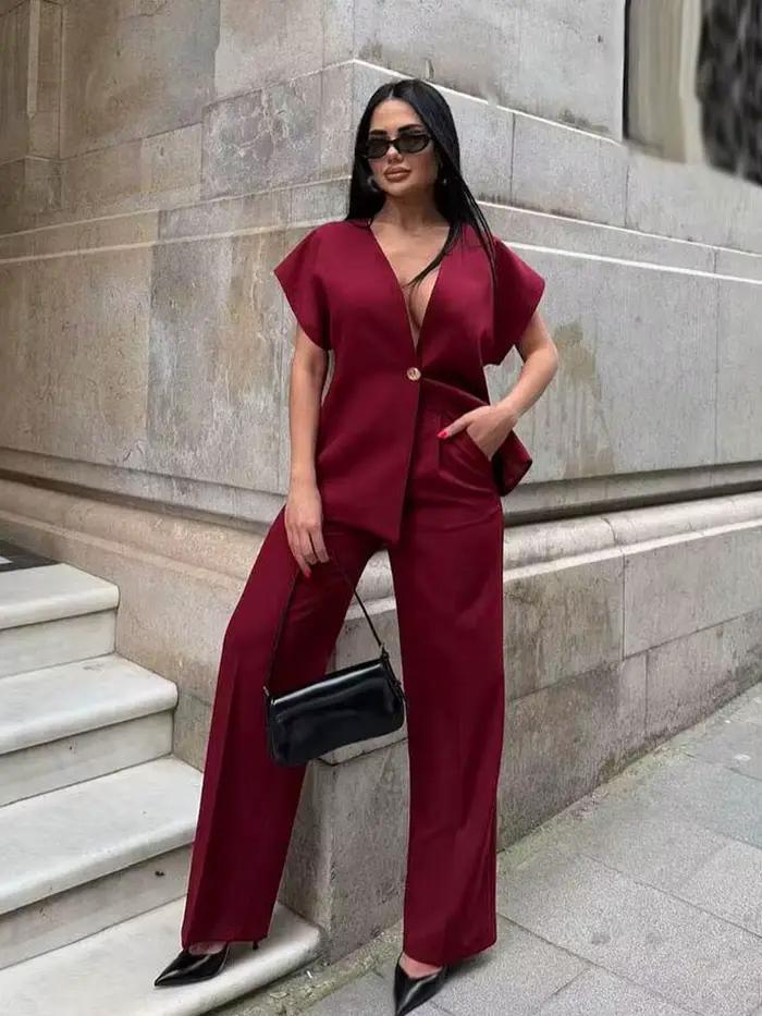 Ensemble HH Femme Chic Solide Col En V Une Boucle Gilet Taille Haute Pantalon Jambes Larges Décontracté Occasions Spéciales Sport Loisirs