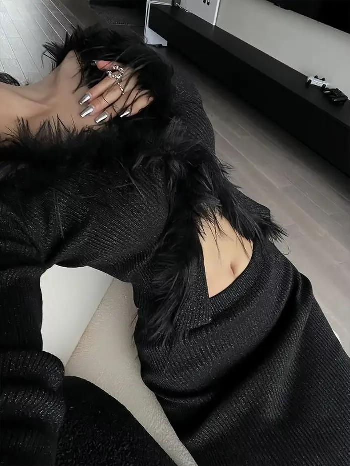 Cardigan Noir en Élasthanne et Acrylique Yedinas pour Femmes, Style Gothique Chic, Occasions Spéciales Automne Hiver Y2K