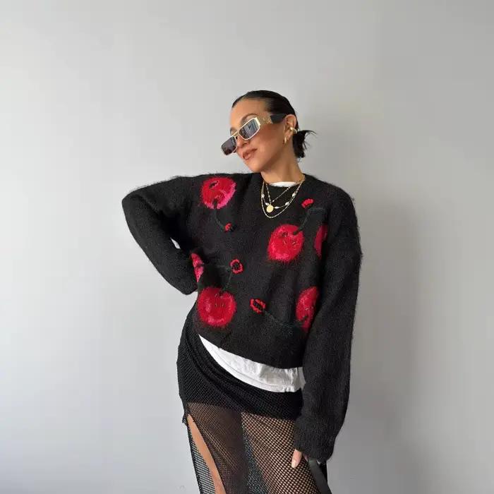 Pull Jacquard cerise pour femme