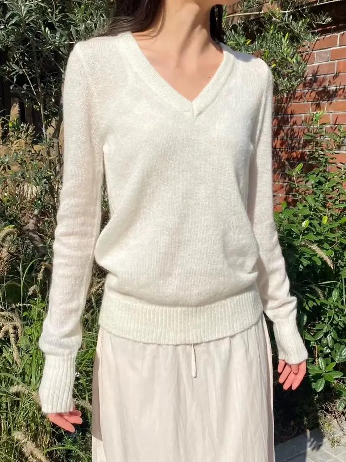 Beige col en v tricoté pull femmes automne hiver décontracté doux à manches longues