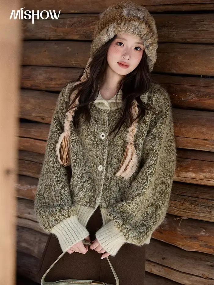 MISHOW femmes vert rétro tacheté pull hiver 2025 décontracté col montant manches chauve-souris tricoté Cardigan hauts MXE90Z2787