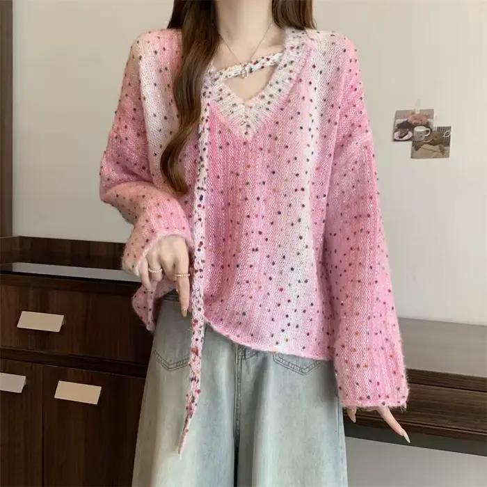 Pull court violet à col en v pour femme