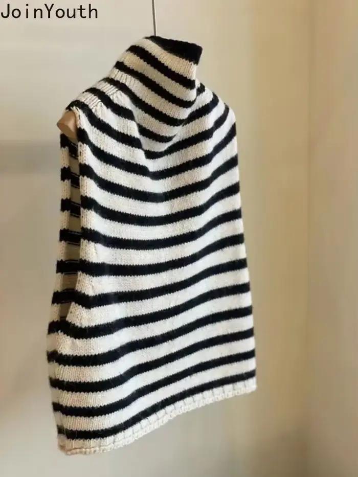 Pull sans manches rayé en polyester pour femmes, style vintage années 2000, confortable et élégant pour les soirées d'automne et les journées de travail détendues