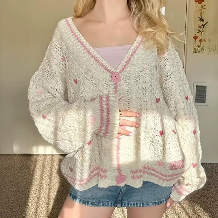 Cardigan d'amant avec broderie d'étoiles coeur rose confortable tricot doux TS