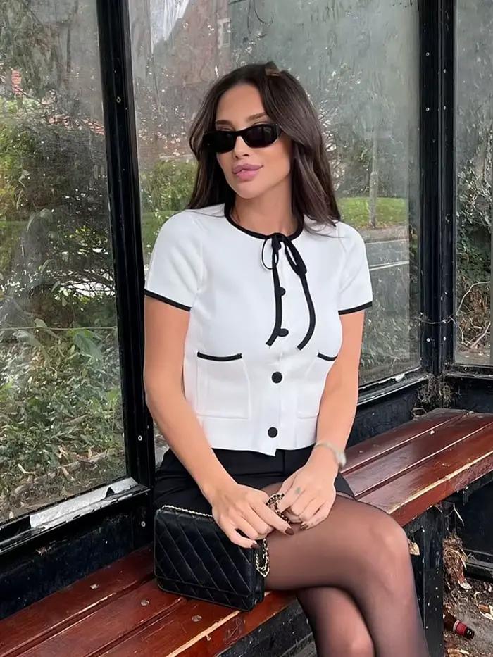 HH femmes mode pull hauts blanc col rond manches courtes poches nœud à lacets simple boutonnage femme décontracté tricoté Cardigan